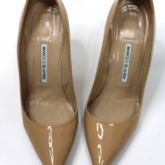 Manolo Blahnik 39.5 US 8.5/9 Nude Pumps Heels Shoes Patent Leather Pointy Toe - Picture 2 of 16